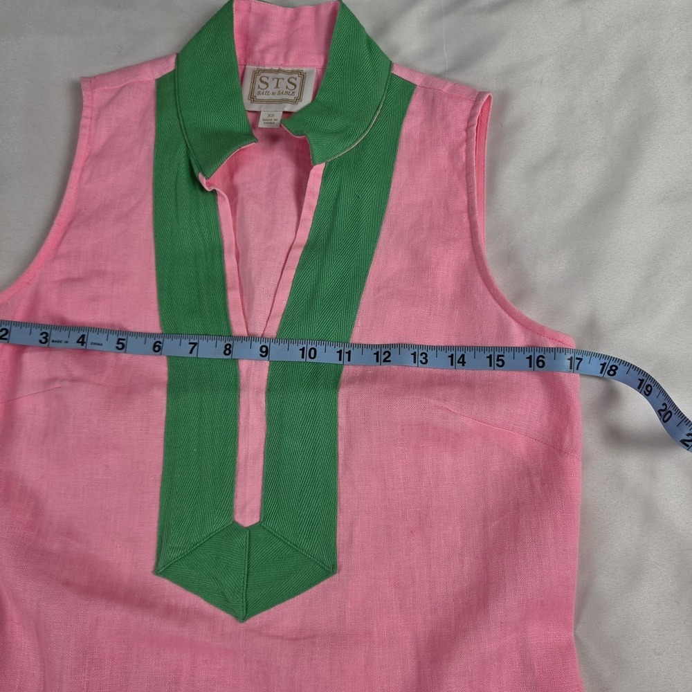 STS Sail To Sable Linen Dress 60s Inspired Pink & Green Sleeveless  XS - Picture 3 of 8
